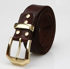Handmade Brown Brass Leather Belt Minimalist Mens Brass Leather Belts for Men