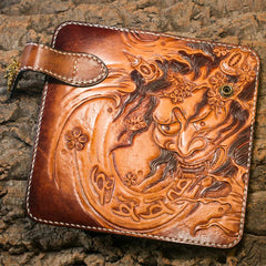 Handmade Leather Mens Cool Tooled Long Prajna Chain Wallet Biker Trucker Wallet with Chain