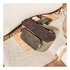 Vintage Canvas Green Leather Mens Fanny Pack Canvas Waist Bags Canvas Hip Pack for Men
