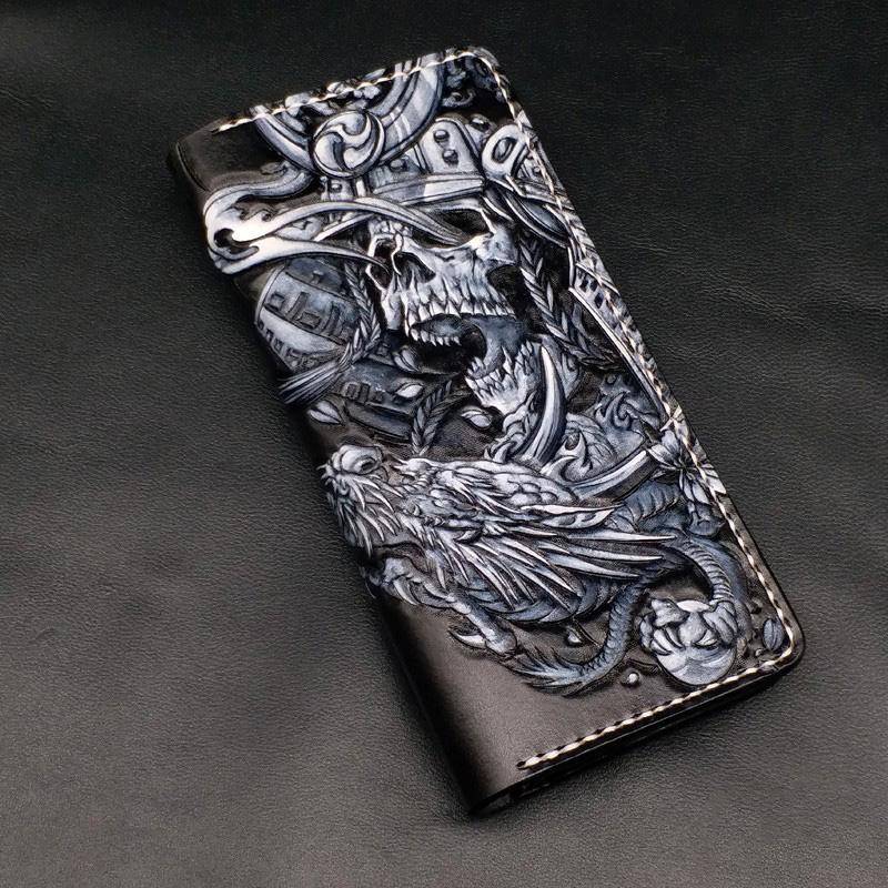 Black Handmade Tooled Japanese Samurai Skull Leather Mens Long