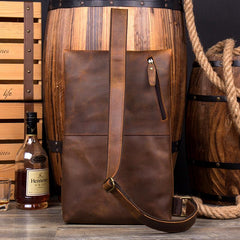 Casual Brown Leather Mens Large Sling Pack Sling Bag Chest Bag One Shoulder Backpacks for Men