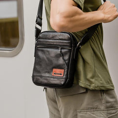 Black Small Leather Mens Vertical Side Bag Black Mini Postman Bag Messenger Bags Phone Bag for Men