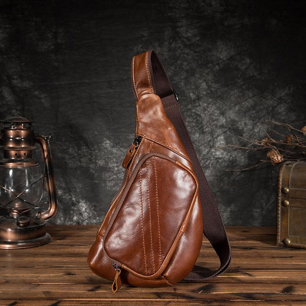 Cool Brown Leather Men's Sling Bag Chest Bag One Shoulder Backpack For Men