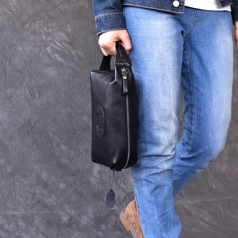 Black Leather Mens 8" HandBag Zipper Brown Clutch Bag Storage Bag For Men