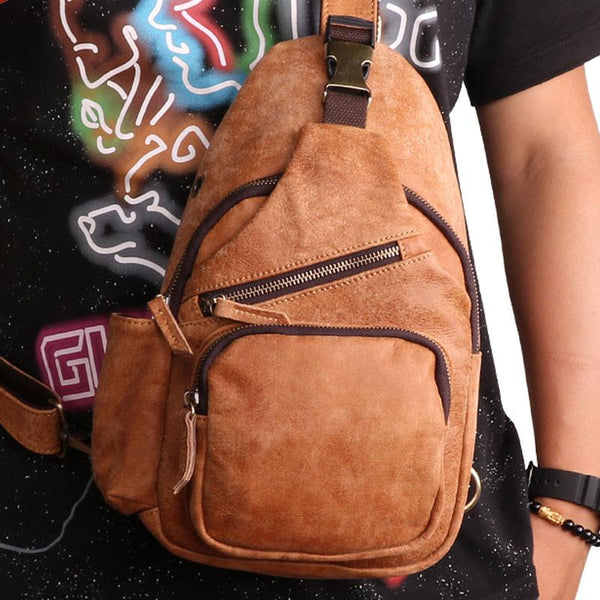 Cool Camel Leather Chest Bag Sling Bag Sling Crossbody Bags For Men