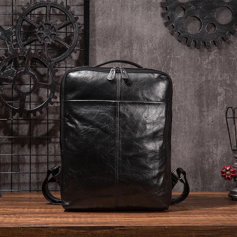 Black Cool Mens Leather Backpack Travel Backpack Leather 15inch Laptop Backpack for Men