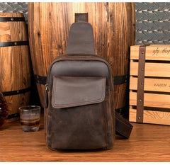 Cool Dark Brown Leather Mens Sling Bag Crossbody Pack One Shoulder Pack Brown Chest Bag for men