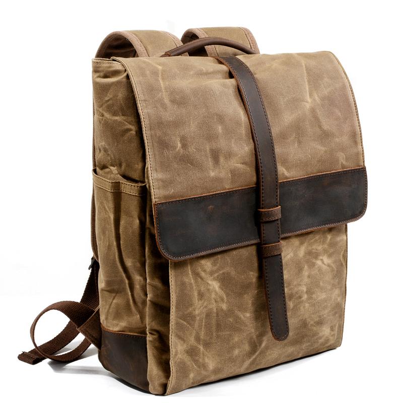 Cool Canvas Leather Mens Large Waterproof Black 15‘’ Backpack Travel Backpack Khaki Computer Backpack for Men