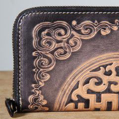 Handmade Genuine Leather Mens Cool Tooled Long Leather Wallet Bifold Clutch Wallet for Men