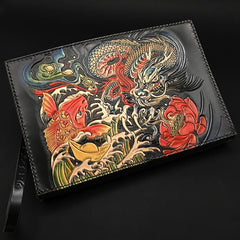 Black Handmade Tooled Leather Lion Chinese Dragon Clutch Wallet Wristlet Bag Clutch Purse For Men