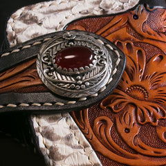 Handmade Mens Cool Tooled Long Boa Skin Floral Leather Chain Wallet Biker Trucker Wallet with Chain