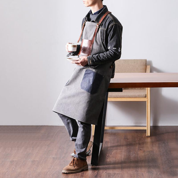 Canvas Leather Mens Womens Gray Craftsman Cafe Staff Clothes Work Apron for Men
