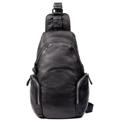 Black Leather Mens Cool Crossbody Pack Sling Bags Black Sling Pack Chest Bag for Men