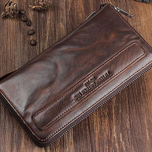 Genuine Leather Mens Cool Long Leather Wallet Zipper Wristlet Clutch Wallet - iChainWallets