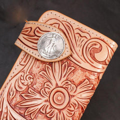 Handmade Mens Cool Tooled Long Floral Leather Chain Wallet Biker Trucker Wallet with Chain