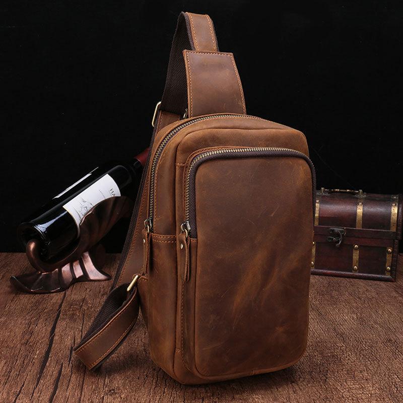 Vintage Brown Leather Men's Sling Bags Chest Bag One Shoulder Backpack For Men