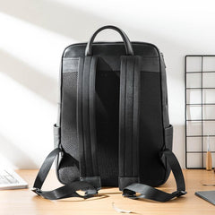 Business Black Mens Leather 15-inch Laptop Backpack School Backpacks Travel Backpacks for men