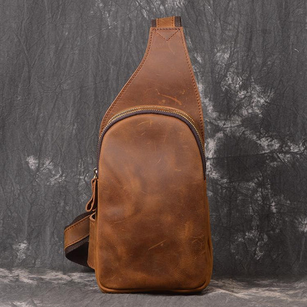 Vintage Brown Leather Men's Chest Bag One Shoulder Backpack Sling Bag For Men