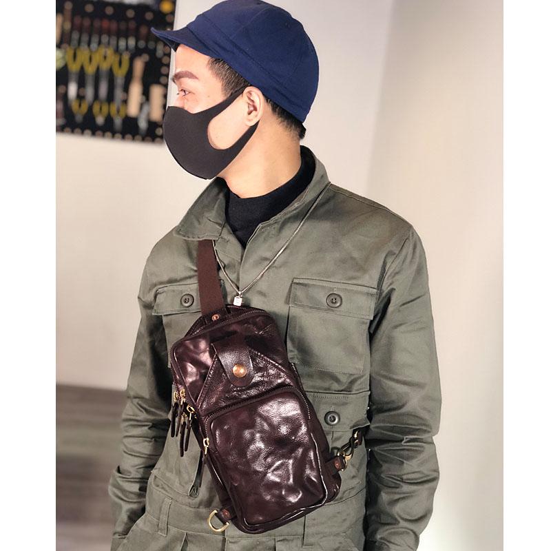 Vintage Black Leather Mens Cool Chest Bag Sling Bag Crossbody Pack Tan One Shoulder Backpack for men