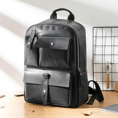 Casual Black Mens Leather School Backpacks Travel Backpacks 14-inch Laptop Backpack for men