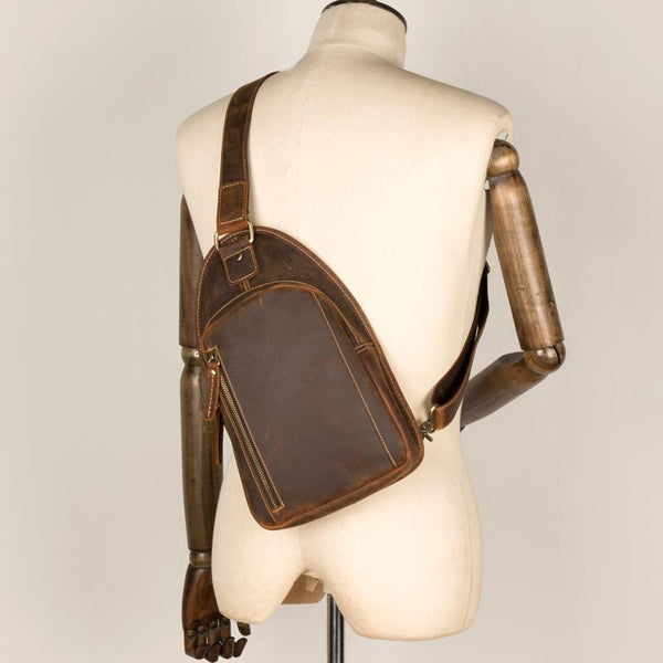 Vintage Brown Leather Mens Sling Bag Cool Crossbody Pack Chest Bags for men