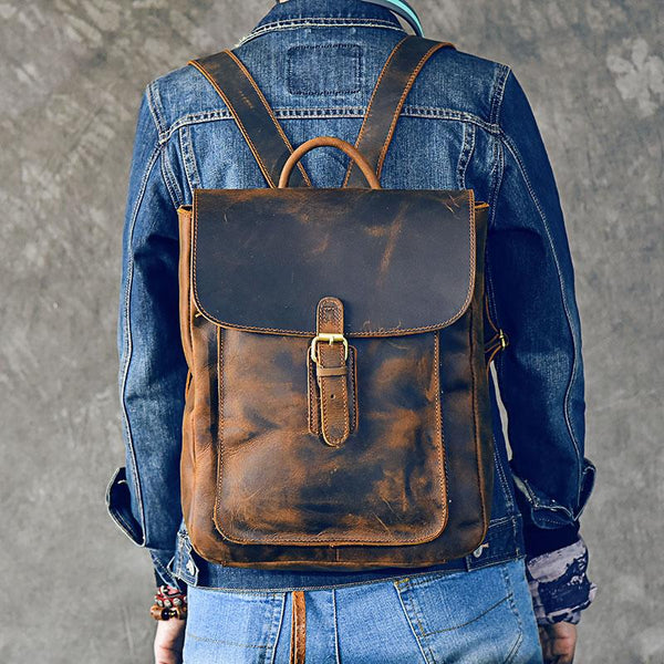 Vintage Leather Mens 13" Travel Backpack Brown College Laptop Backpack for Men