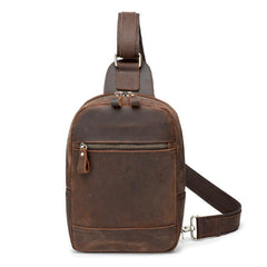 Brown Leather Men's Sling Bag Red Brown Chest Bag 8 inches One Shoulder Backpack For Men