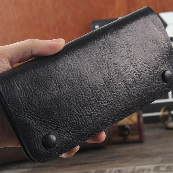 Handmade Genuine Leather Mens Cool Long Leather Wallet Bifold Clutch Wallet for Men