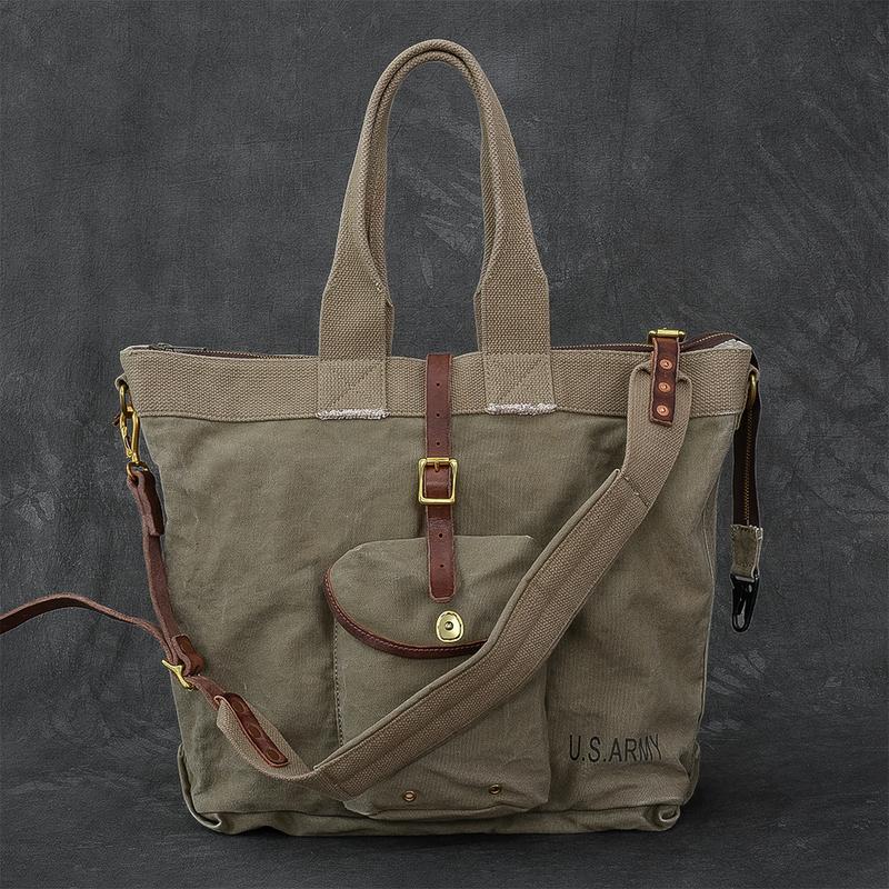 Washed Canvas Leather Mens 15'' Army Green Tote Bag Handbag Tote Bag Light Coffee Shoulder Bag Tote Purse For Men