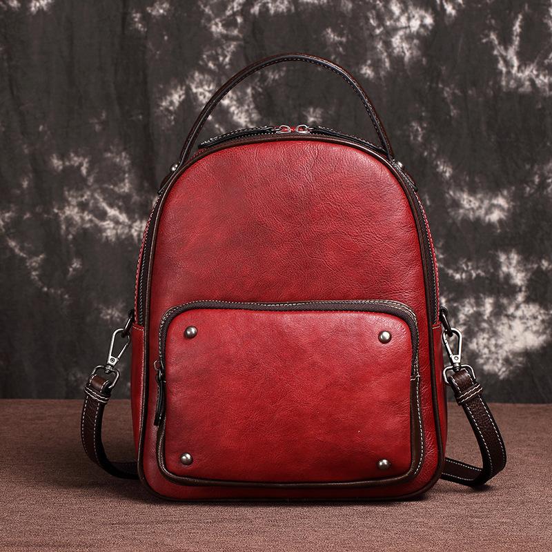 Brown Cool LEATHER Womens Small Red Backpack Mini College Backpack For Women
