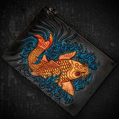 Handmade Leather Carp Tooled Wristlet Bag iPad Bag Mens Cool Leather Long Clutches for Men