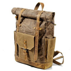 Cool Canvas Leather Mens Green Large Waterproof Travel Backpack Computer Hiking Backpack for Men