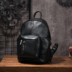 Cool Mens Black Leather School Backpack Travel Backpack Leather Hiking Backpack for Men