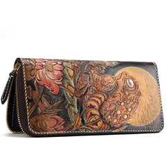 Handmade Leather Mens Clutch Wallet Cool Gold Toad Triped Crow Tooled Wallet Long Zipper Wallets for Men