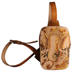 Handmade Beige Ganesha Tooled Leather Sling Bag Chest Bag One Shoulder Backpack For Men