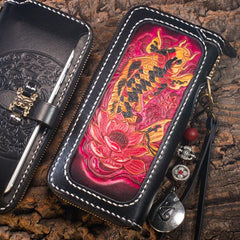 Handmade Leather Carp Mens Tooled Chain Biker Wallet Cool Leather Wallet Long Phone Wallets for Men