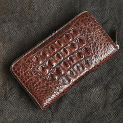 Brown Crocodile Leather Mens Black Zipper Bifold Long Wallet Black Clutch Wallet For Men