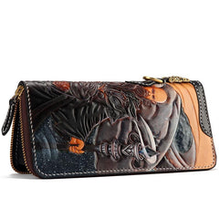 Handmade Leather Taming Dragon Mage Mens Tooled Long Chain Biker Wallet Cool Leather Wallet With Chain Wallets for Men