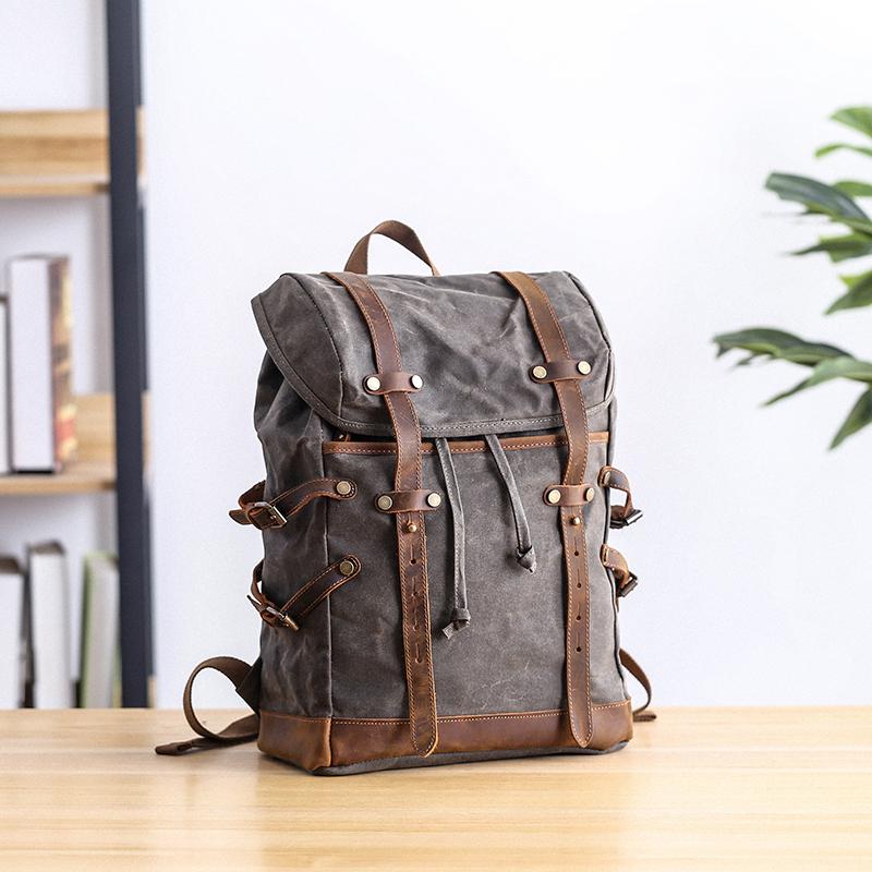 Cool Canvas Leather Mens Womens Dark Gray Backpack Army Green Travel Backpack College Backpack for Men
