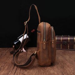 Vintage Brown Leather Men's Sling Bags Chest Bag One Shoulder Backpack For Men