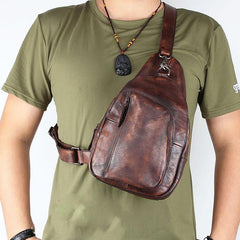Cool Brown MENS LEATHER Sling Bag Chest Bag Coffee One Shoulder Backpack For Men