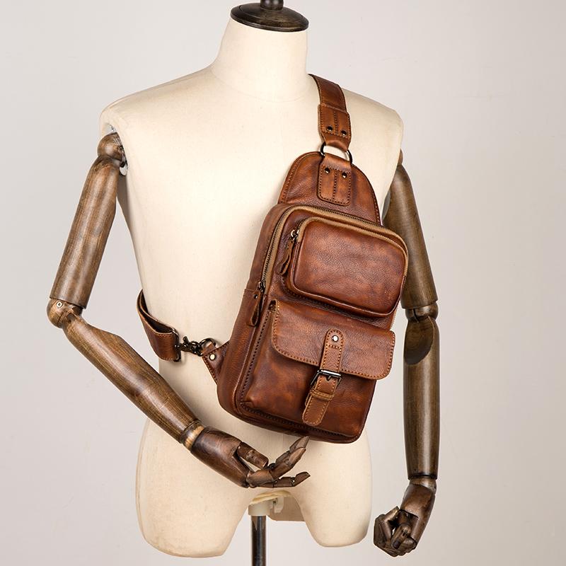 Brown Mens Sling Backpack Leather Sling Bag for Men Single 