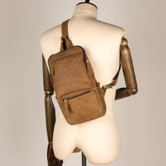 Cool Light Brown Leather Mens 10 inches Sling Bag Crossbody Pack Chest Bag for men