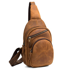 Cool Brown Leather Mens One Shoulder Backpack Sling Bags Crossbody Pack Chest Bag for men