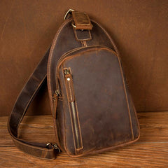 Vintage Brown Leather Mens Sling Bag Cool Crossbody Pack Chest Bags for men