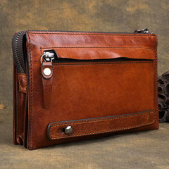 Handmade Brown Leather Mens Long Wallet Wristlet Wallet Brown Zipper Clutch Wallet for Men