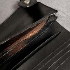 Black Casual Leather Mens Bifold Long Wallet Biker Wallet Black Long Chain Wallet For Men
