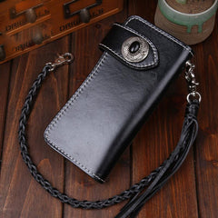 Handmade Leather Mens Cool Long Black Obsidian Chain Wallet Biker Trucker Wallet with Chain