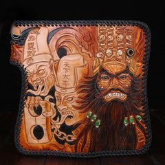 Handmade Mens Cool Tooled Long Zhong Kui demon Leather Chain Wallet Biker Trucker Wallet with Chain