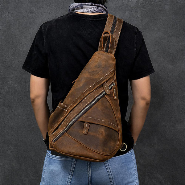 Vintage Leather Mens 16" Backpack Sling Bag Brown Chest Bag One Shoulder Backpack for Men
